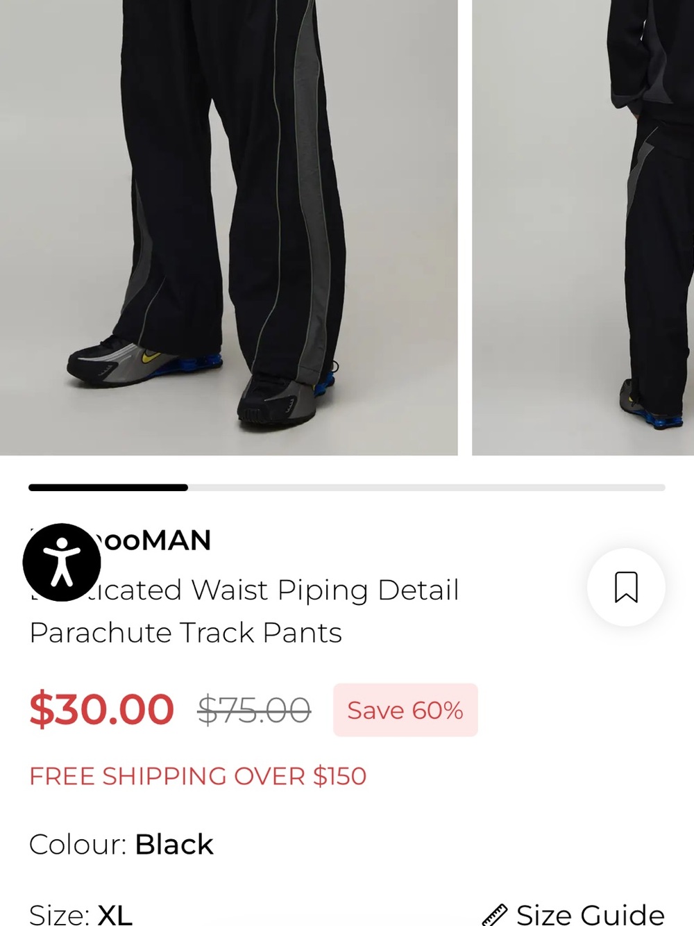 Men's Black Parachute Track Pants with Gray Side Panels